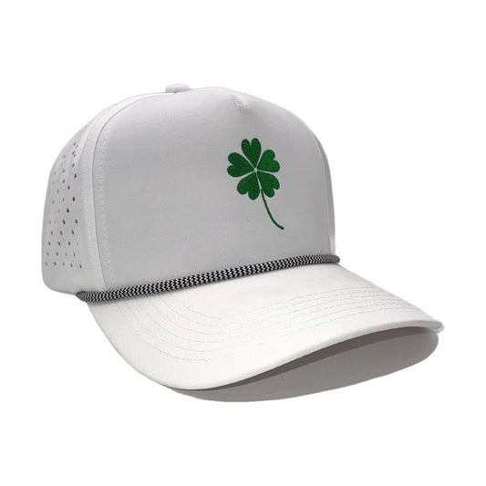 The 5 Leaf Clover Hat angled right – white structured 5-panel rope cap with green clover embroidery, St Patricks Day hat