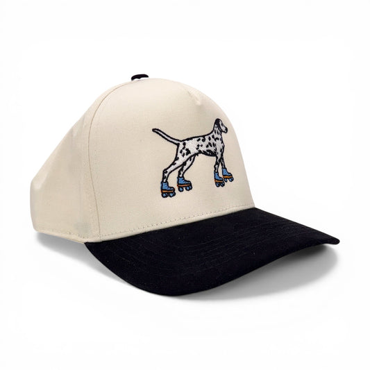 Tall Dalmation on Skates Tan & Black Baseball Cap – angled right view – Mad Capper embroidered hat