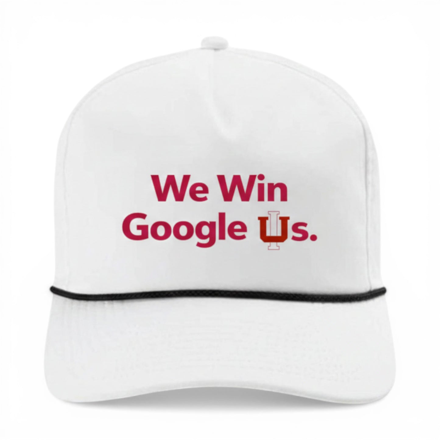 White cap with red text 'We Win Google Us' on a white background