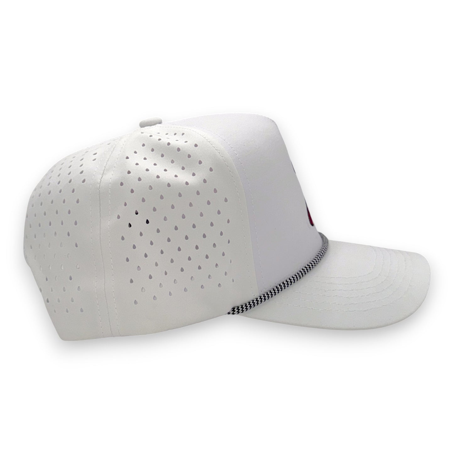 LaRooster Specs white rope cap - side profile view showing performance trucker construction