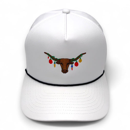 The Texas Mantel - Texas Longhorn Christmas lights trucker hat - white performance fabric with black rope trim - front angle