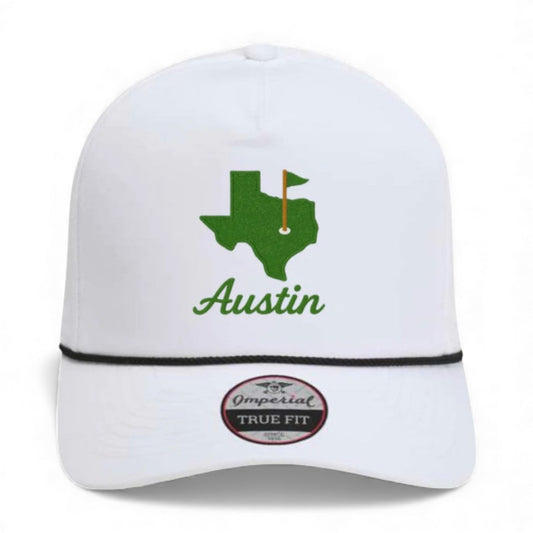 Austin Gameday white snapback cap with green Texas outline - angled front view displaying Austin script embroidery