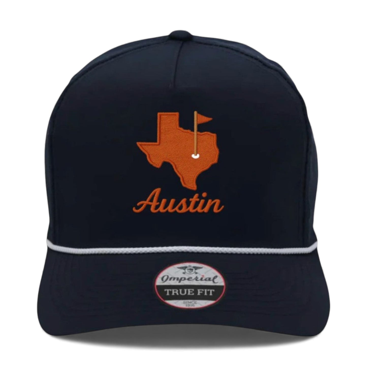 Austin Gameday navy blue snapback with burnt orange Texas embroidery - front view Imperial performance cap