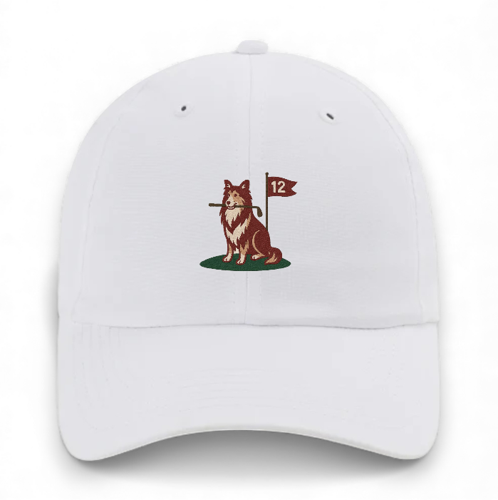 The 12th Hole performance golf hat in white - front view with embroidered logo