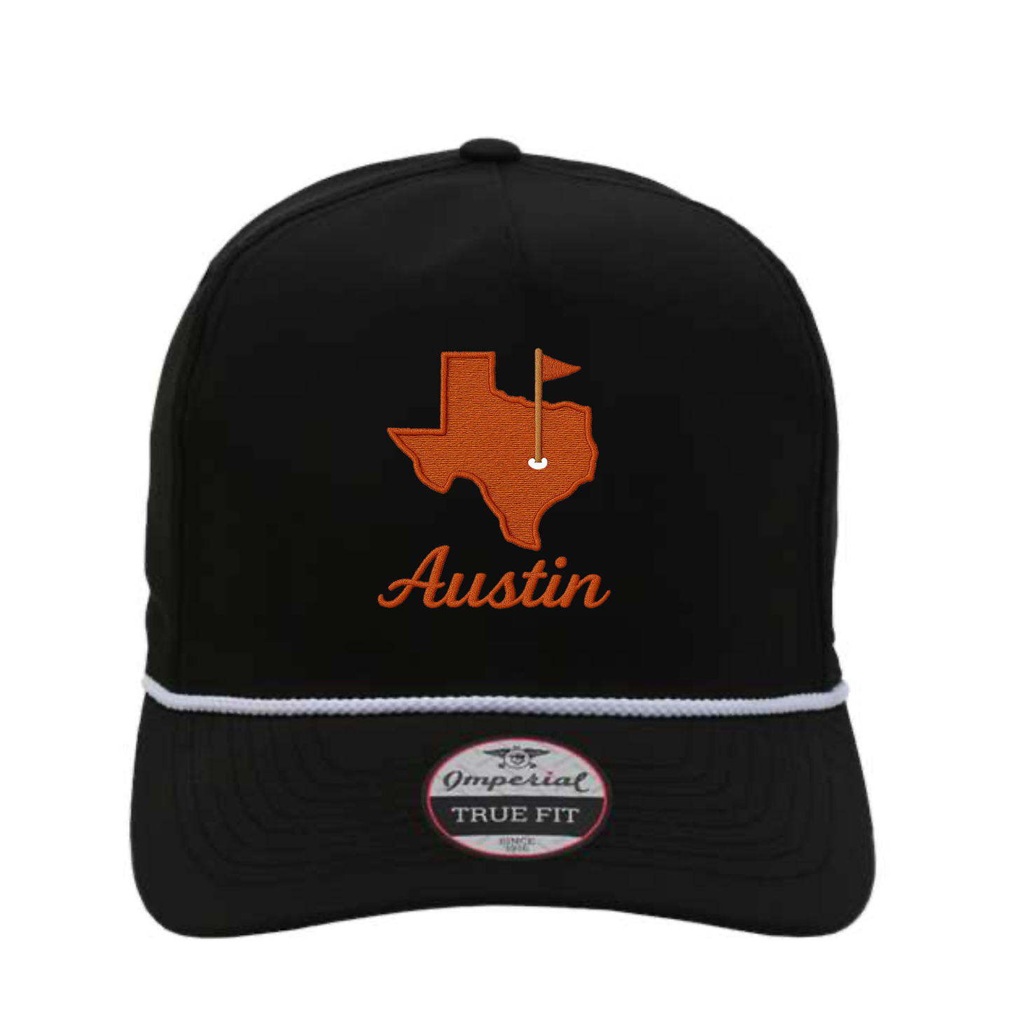 Black hat with Texas map and 'Austin' text on a white background