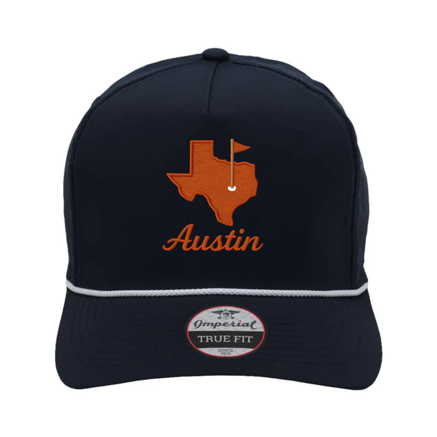 Navy hat with Texas map and 'Austin' text on a white background