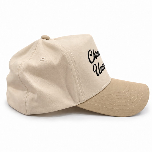 Natural and Khaki Chronically Unavailable five-panel hat, angled side view