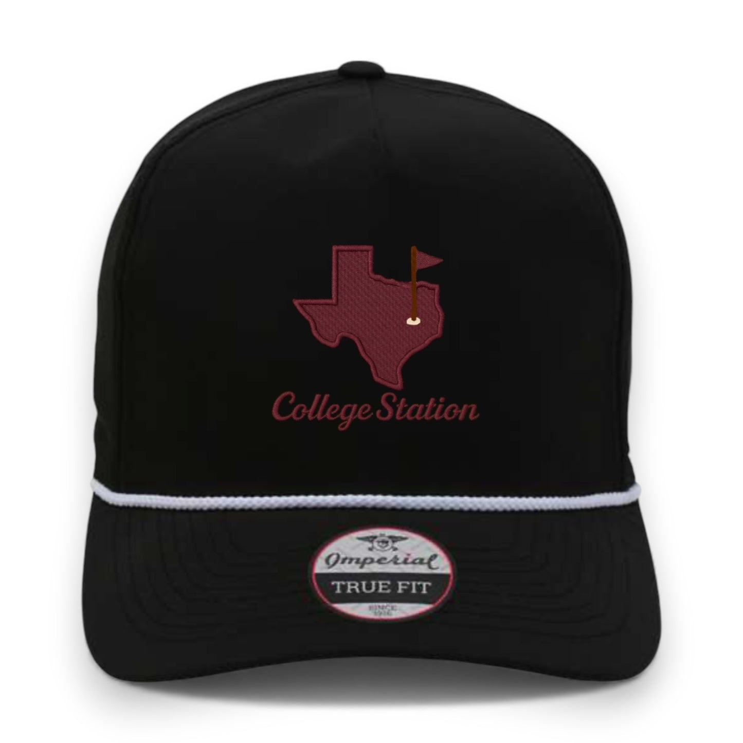 College Station rope hat in black with maroon Texas A&M area design - front view Imperial snapback gameday cap