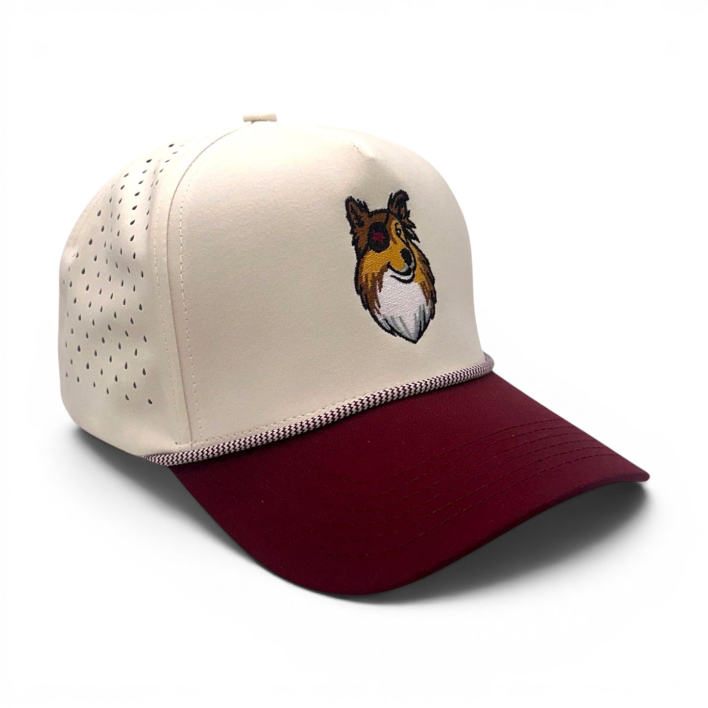 Mad Capper maroon and cream rope trucker hat with embroidered dog logo and perforated sides.