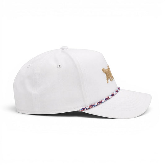 Mad Capper white Imperial snapback hat with embroidered golden doodle carrying American flag and red, white & blue rope detail.