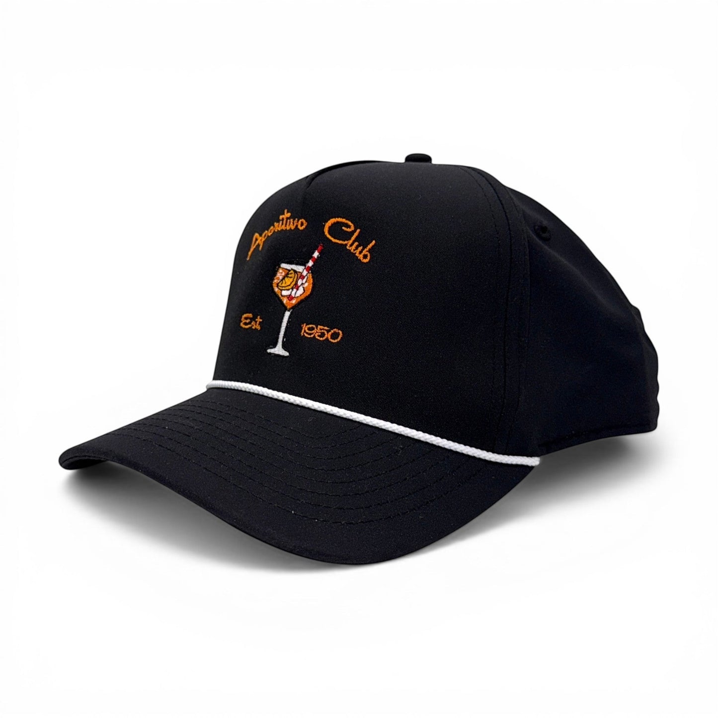 Mad Capper black rope hat with embroidered cocktail glass and "Aperitivo Club Est 1950" text.