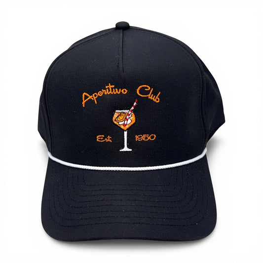Mad Capper black rope hat with embroidered cocktail glass and "Aperitivo Club Est 1950" text.