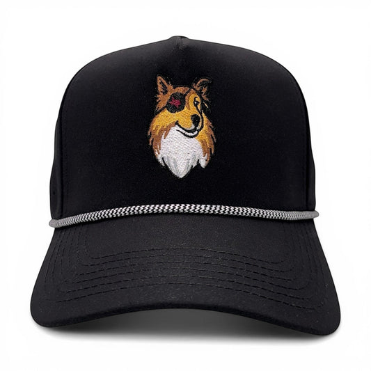 Mad Capper black rope trucker hat with embroidered dog logo and adjustable snapback closure.