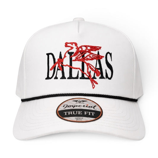 Mad Capper white Imperial Patriot rope cap with embroidered red Pegasus and Dallas text.