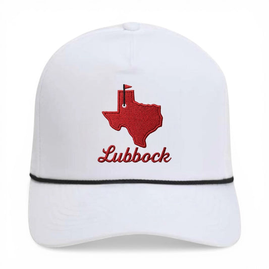 Mad Capper white trucker hat with red Texas outline embroidery and "Lubbock" script. Features rope detail and adjustable snapback.