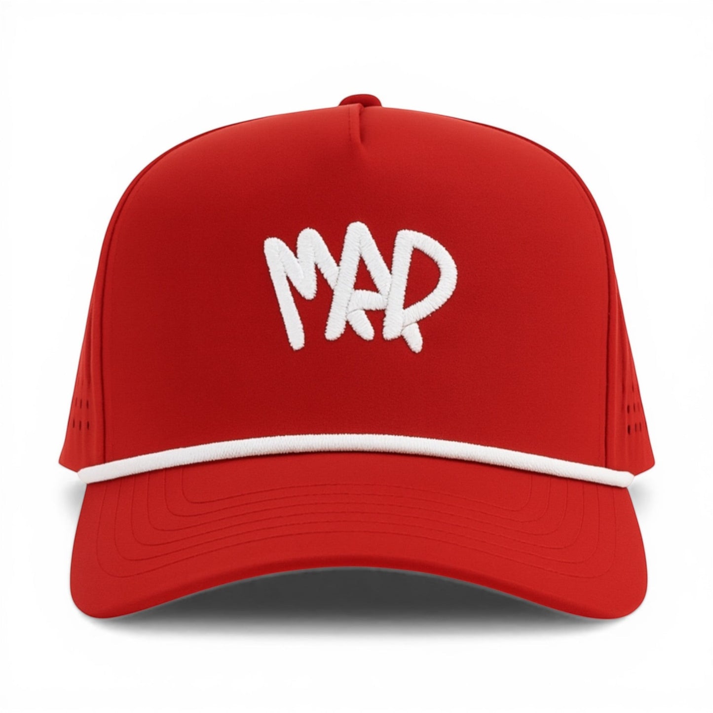 Mad Capper red athletic cap with white embroidered MAD logo and white rope accent. Five-panel structured front, mesh back, snapback closure.