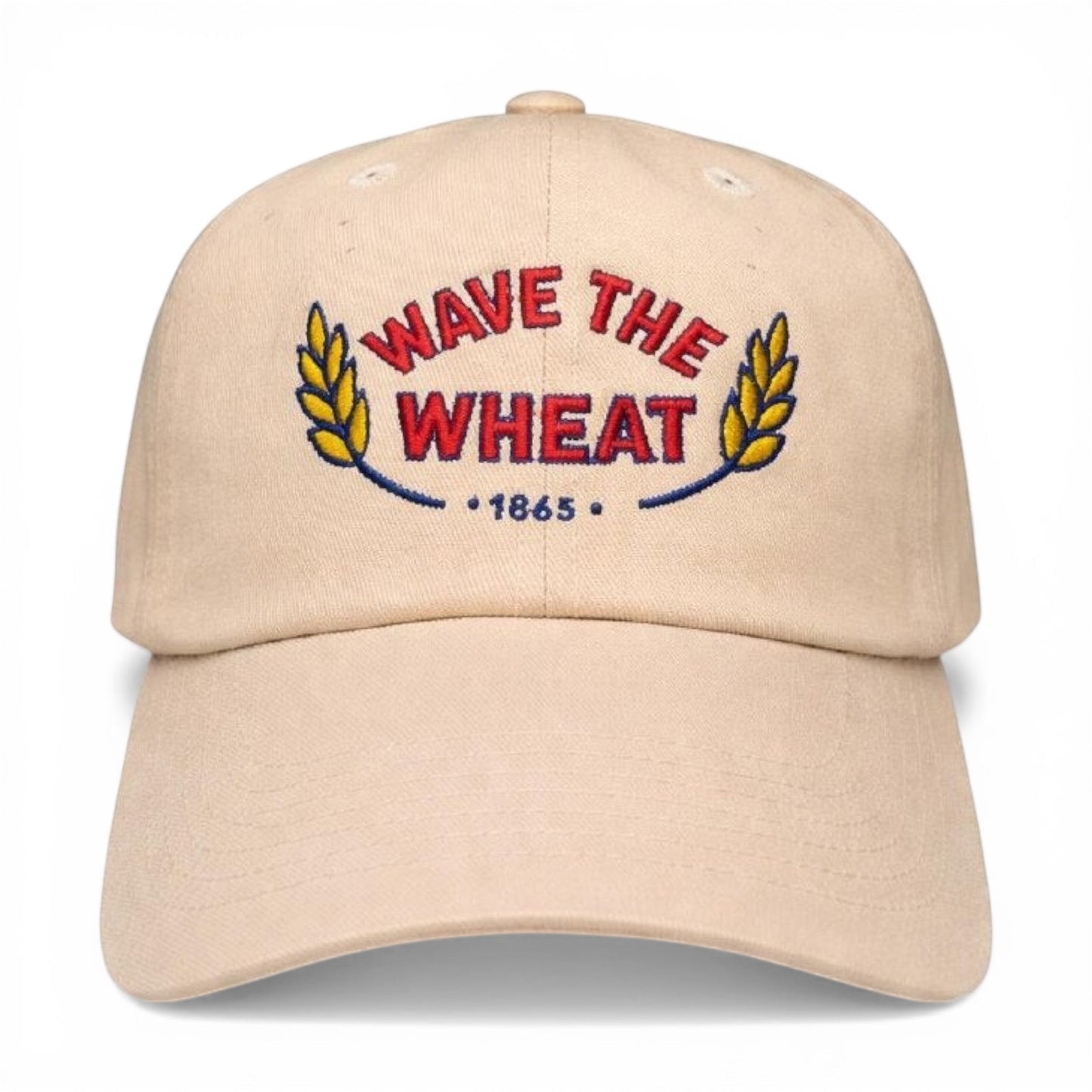 Mad Capper beige embroidered trucker hat with "Wave the Wheat" and "1865" design, adjustable snapback closure.