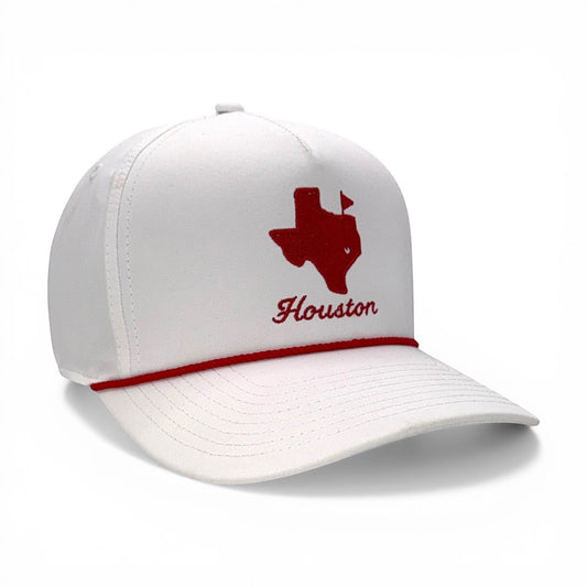 Mad Capper white structured trucker hat with red Texas outline and Houston embroidery, featuring a red rope detail and mesh back.