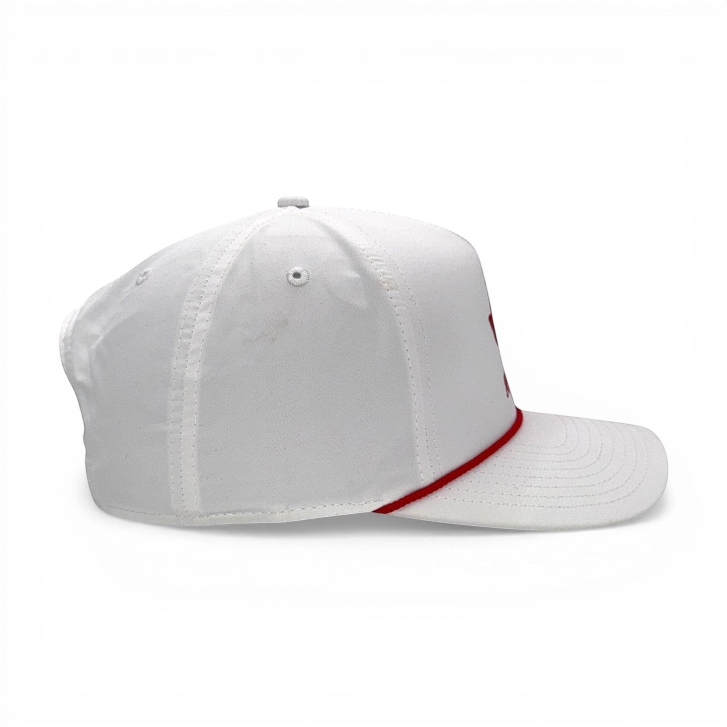 Mad Capper white structured rope trucker hat with red embroidery and adjustable snapback.