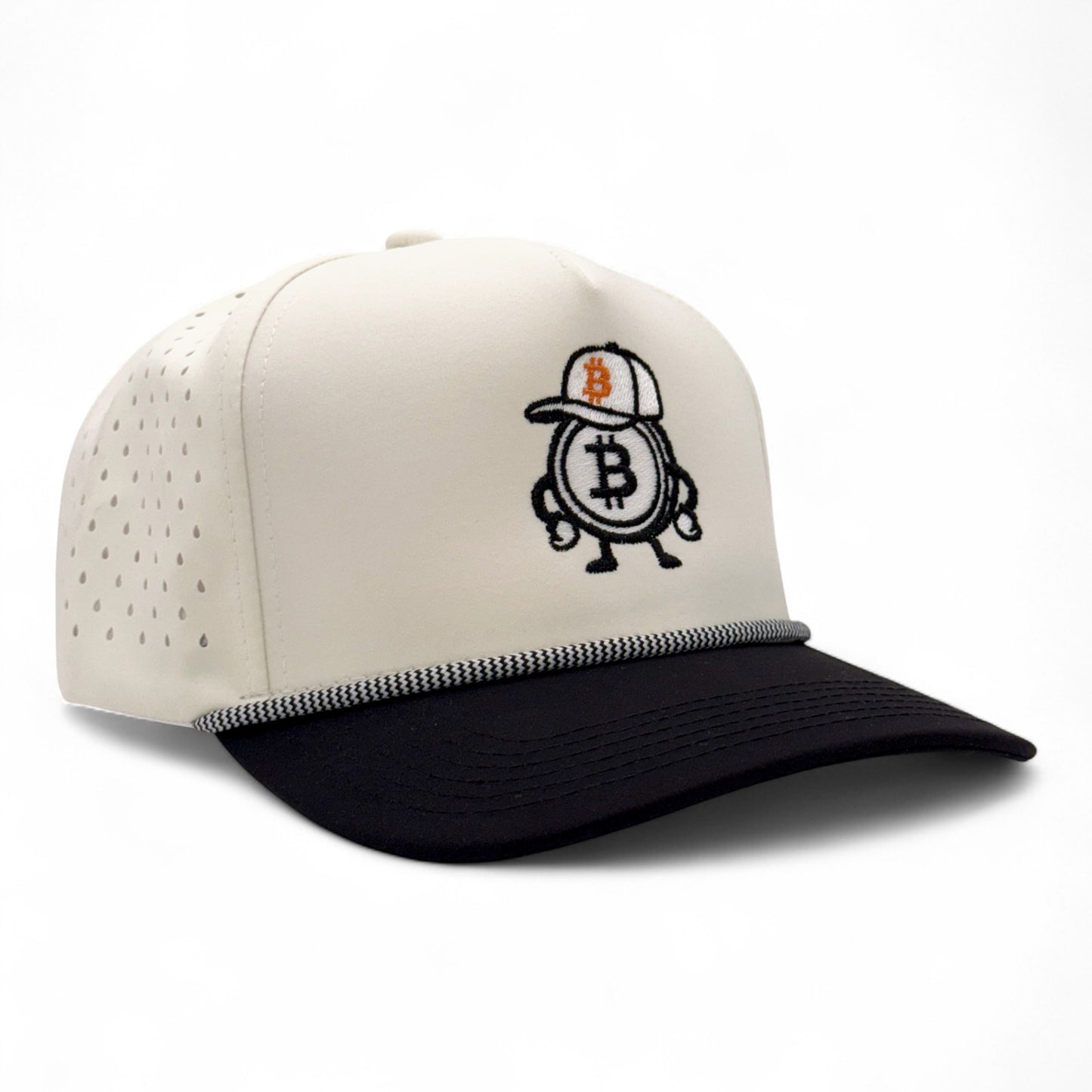 Beige and black cap with Bitcoin logo on a white background