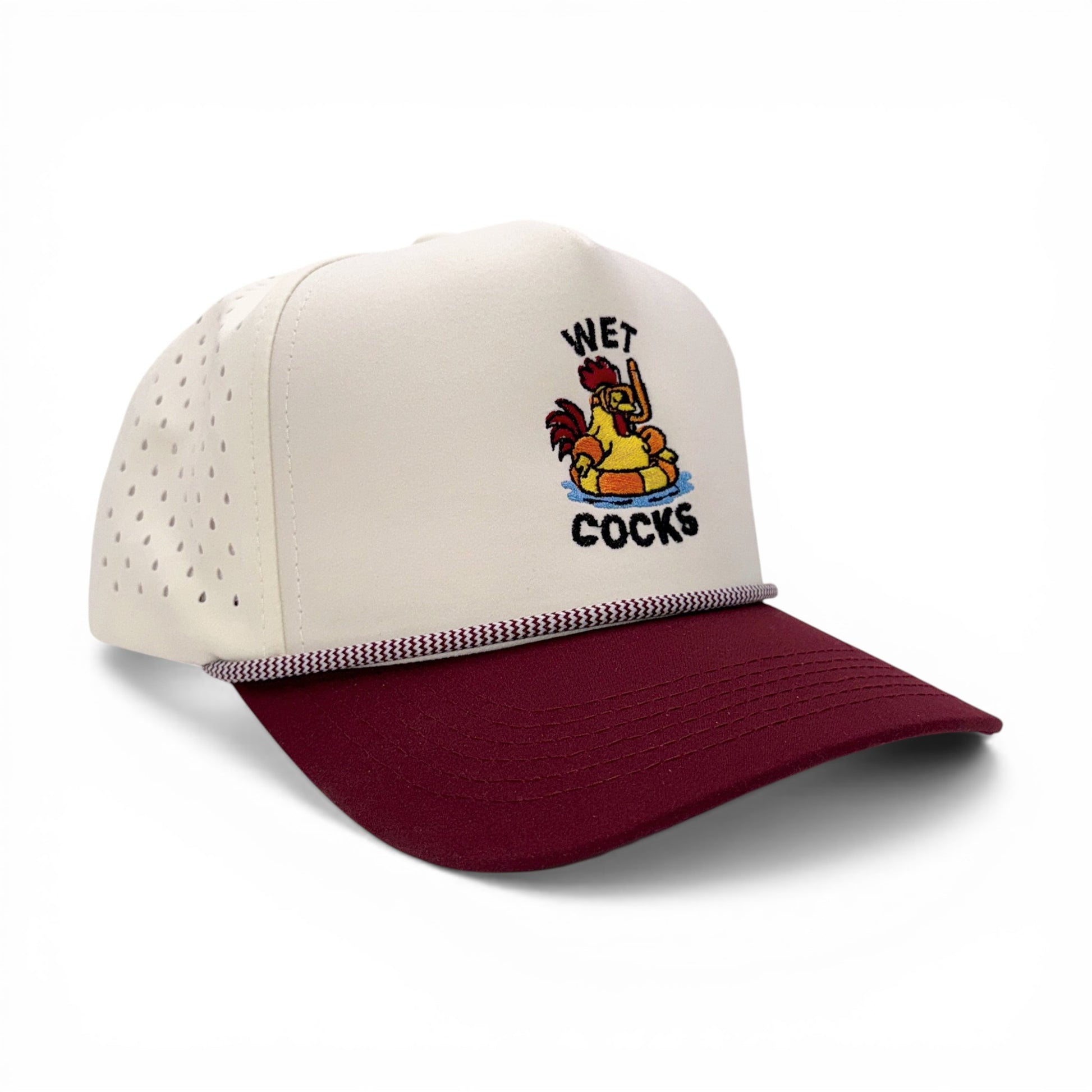 Wet Cocks Tan & Maroon Trucker Rope Cap – angled right view – Mad Capper embroidered hat