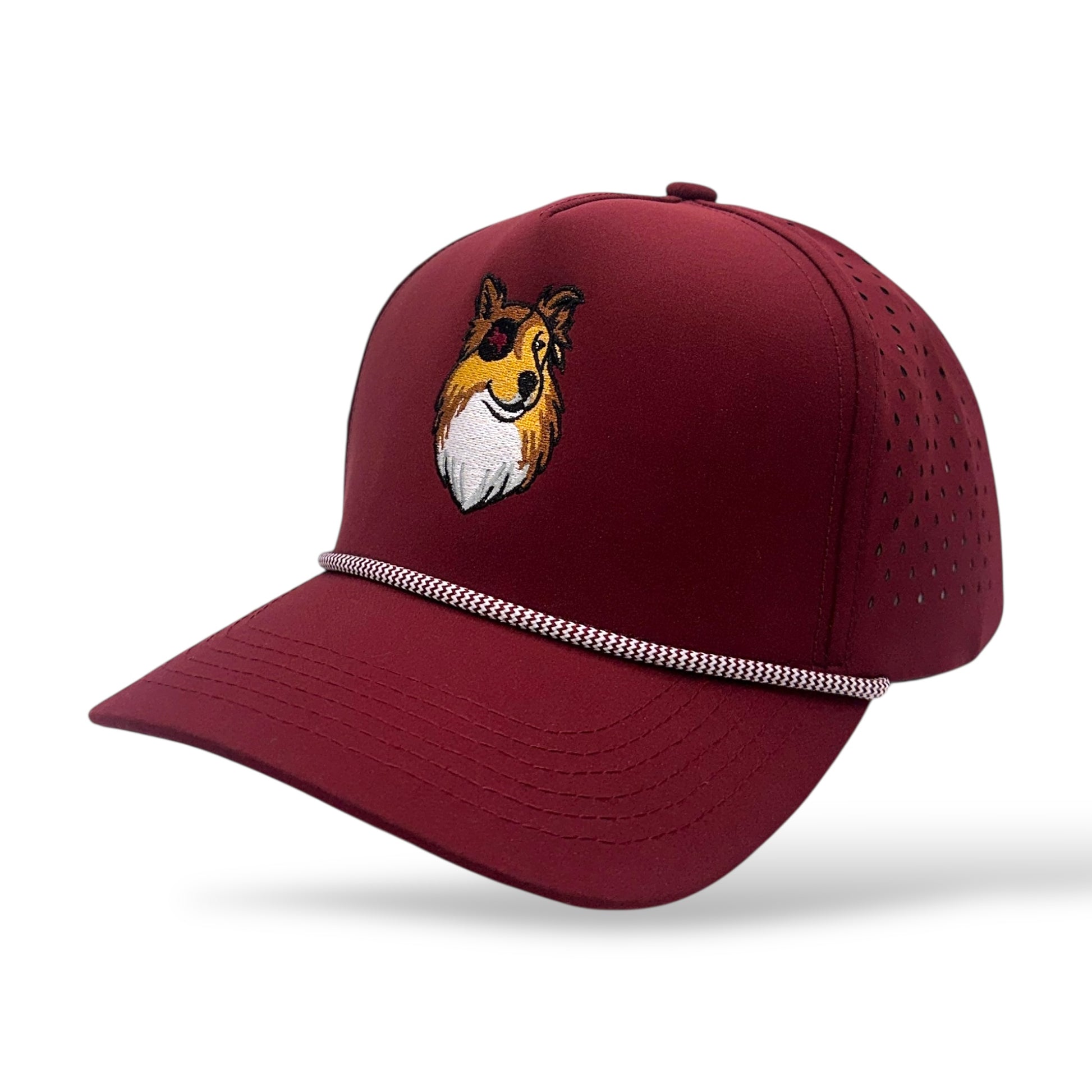 TouchHound Rope All Maroon / Red - Side angle view showing custom embroidered logo, white rope, and side perforated material