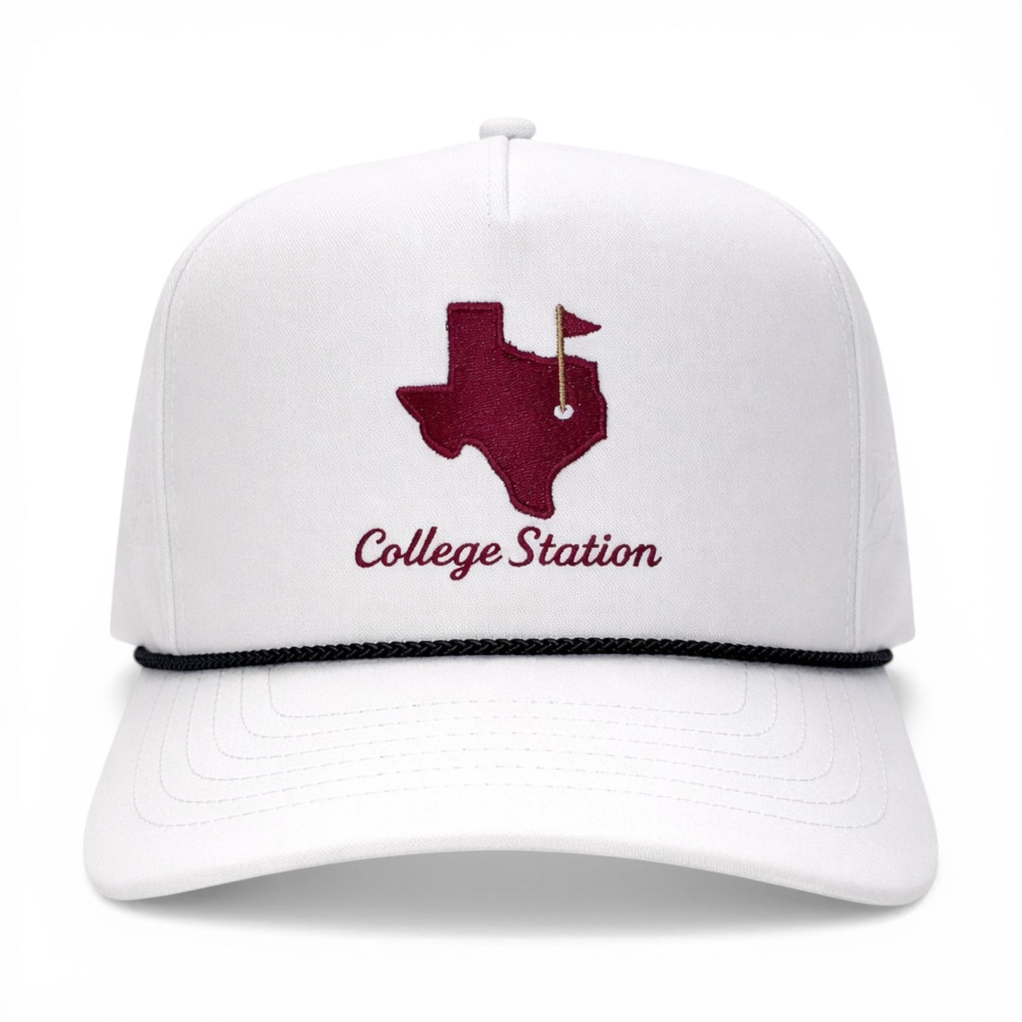 The College Station Gameday Hat – Embroidered Rope Cap – front view – Mad Capper embroidered hat