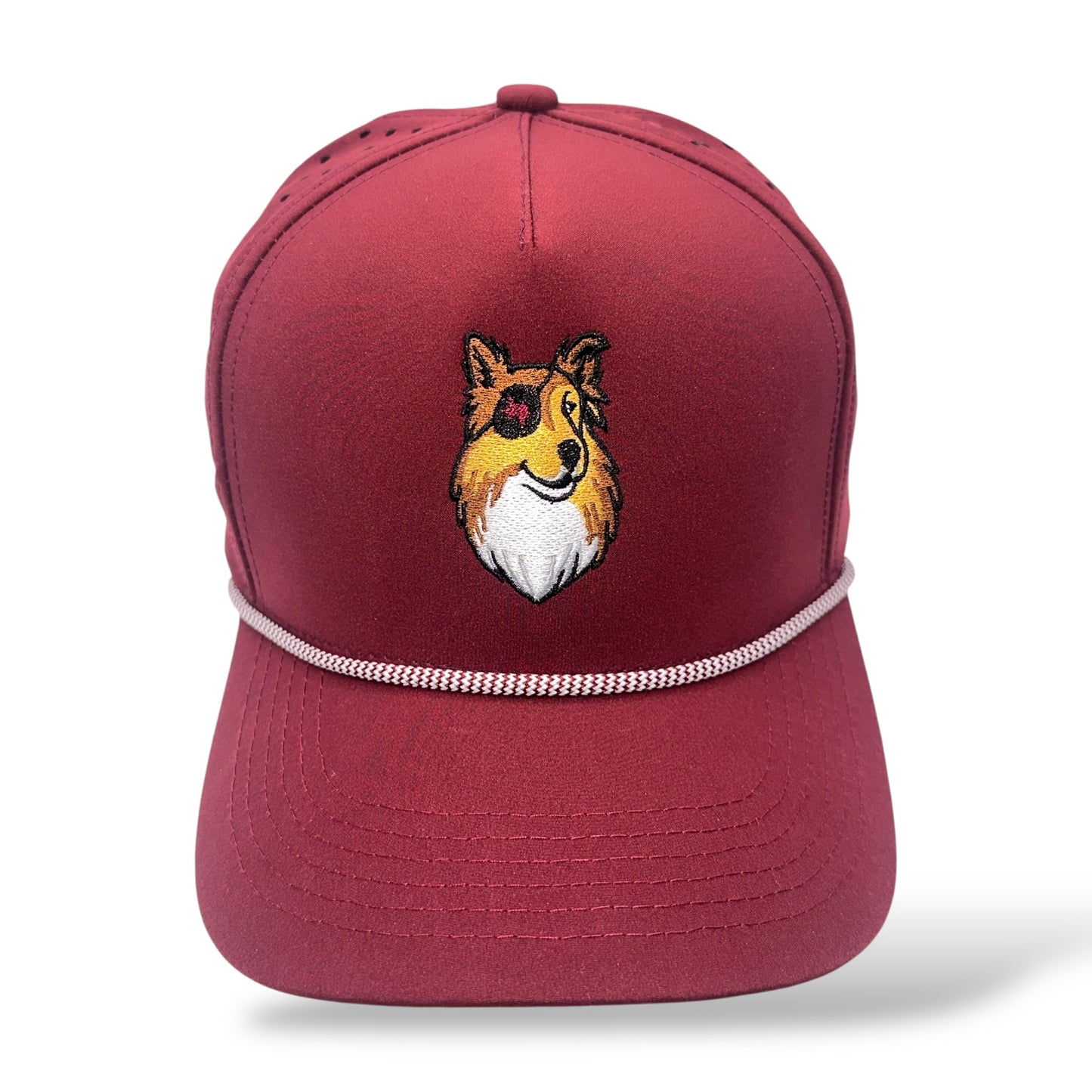 TouchHound Rope All Maroon - Front top down angle view showing custom embroidered logo and white rope.