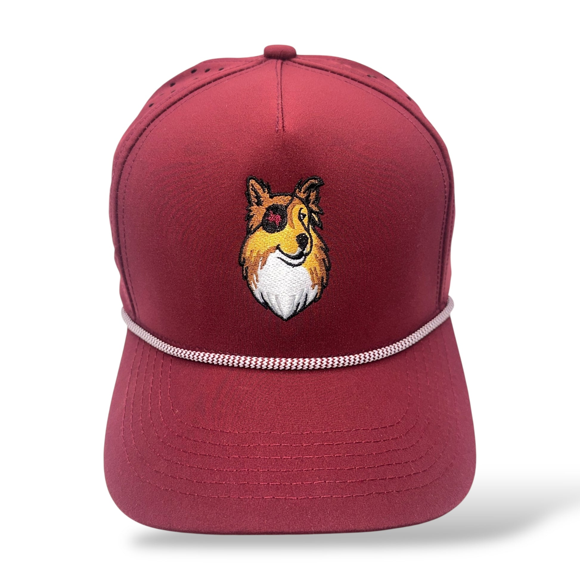 TouchHound Rope All Maroon - Front top down angle view showing custom embroidered logo and white rope.