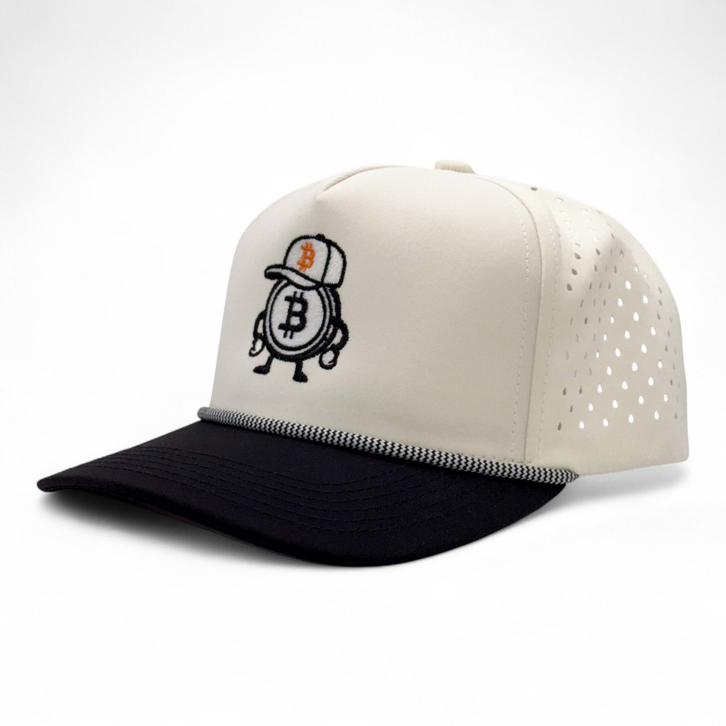 White and black baseball cap with Bitcoin logo on a white background