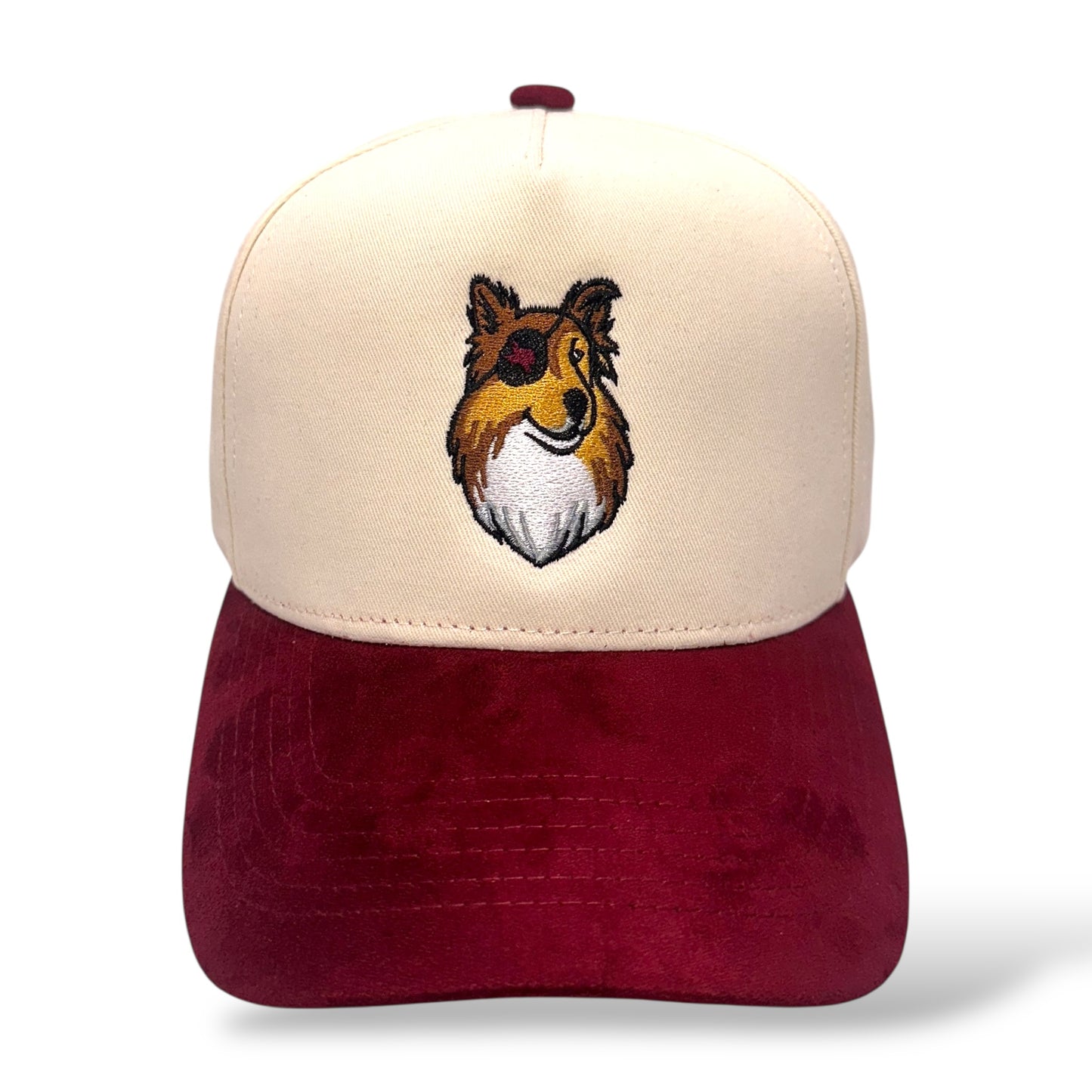 TouchHound Hat Tan and Red/Maroon Suede Bill - Front top-down angle view showing custom embroidered logo and suede Red Bill