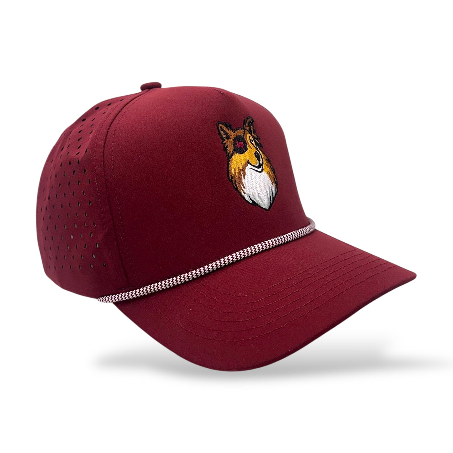 TouchHound Rope All Maroon - Side angle view showing custom embroidered logo, white rope, and side perforated material