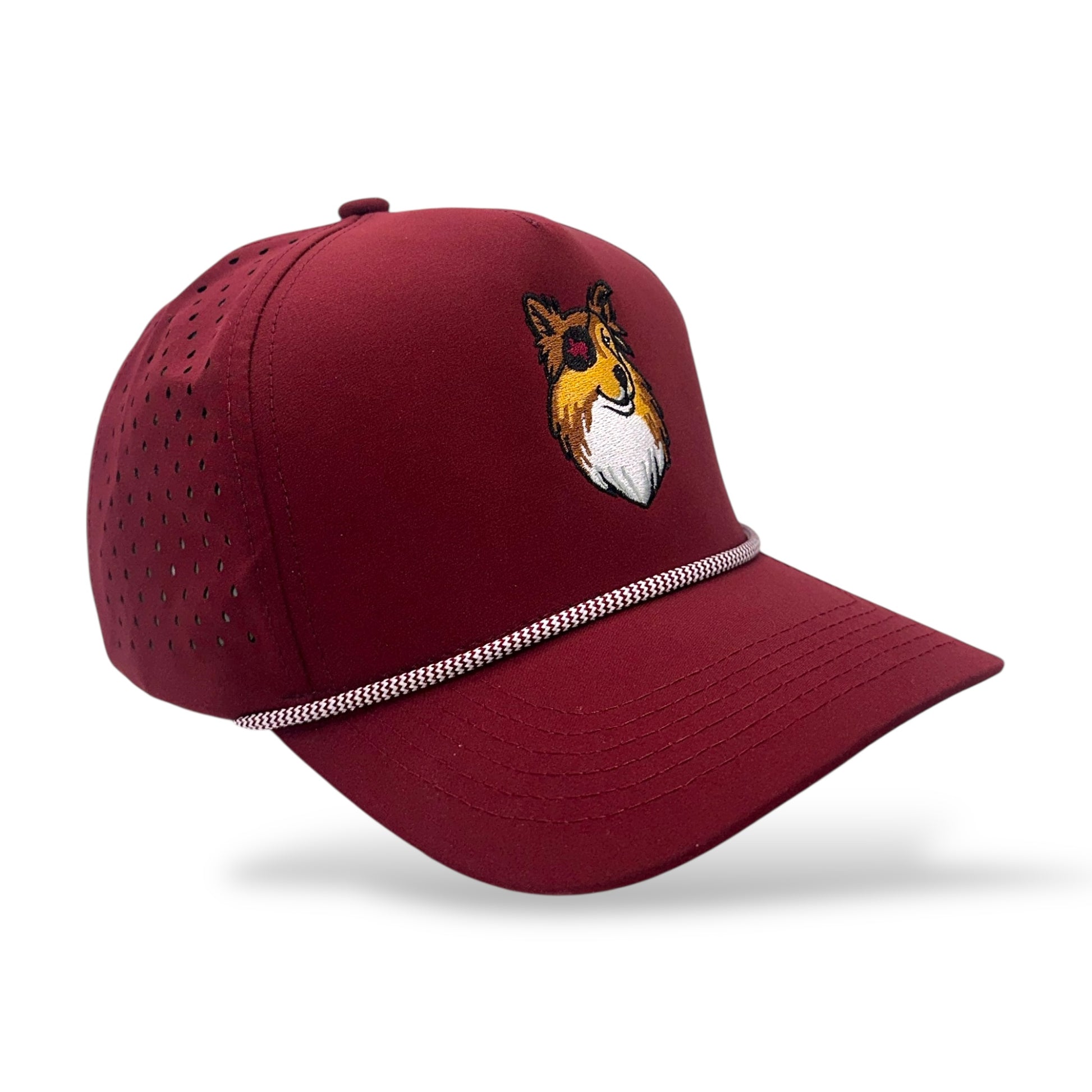 TouchHound Rope All Maroon - Side angle view showing custom embroidered logo, white rope, and side perforated material