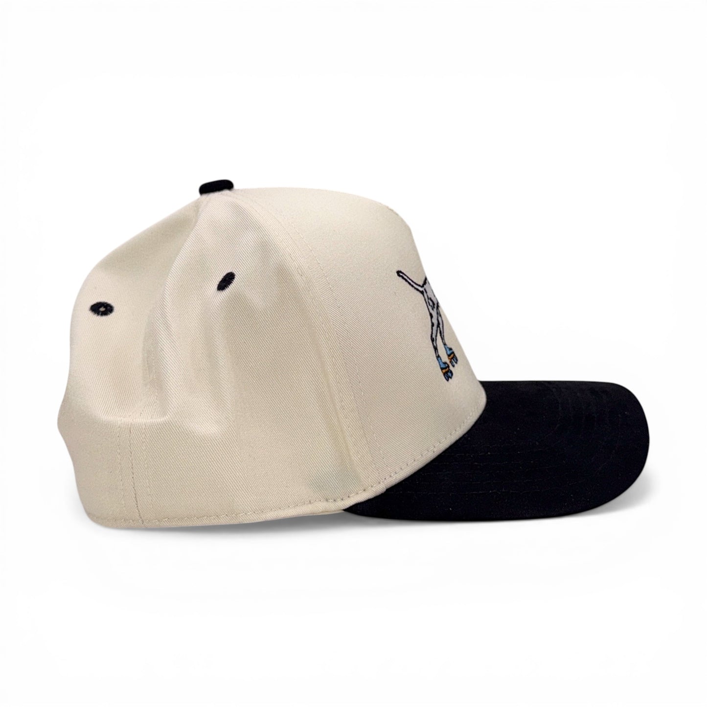 Tall Dalmation on Skates Tan & Black Baseball Cap – back view – Mad Capper embroidered hat