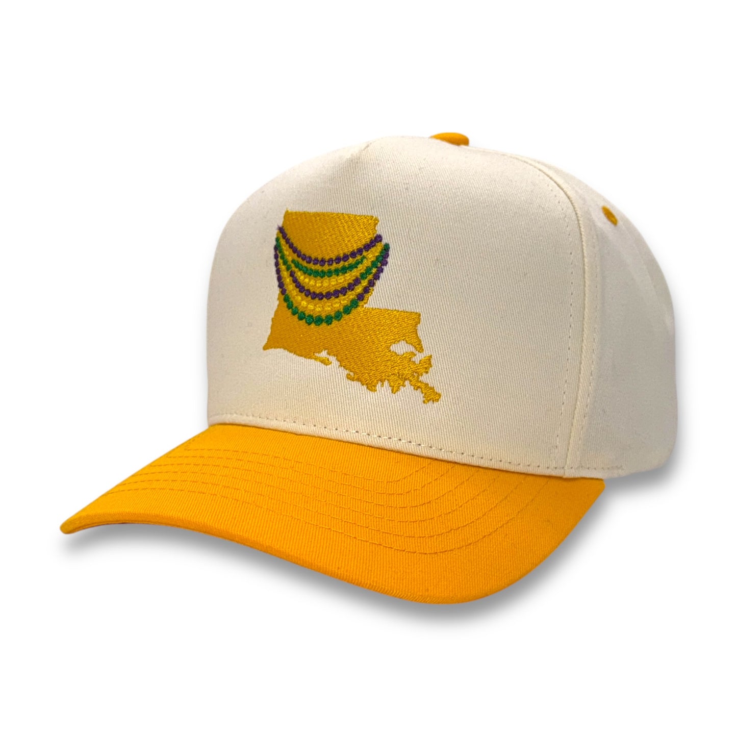 Cap with a yellow state outline and beads design on a white background