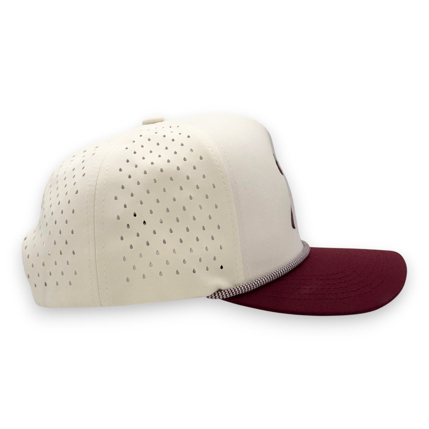 LaRooster rope trucker cap tan and maroon colorway - side profile view showing mesh panels
