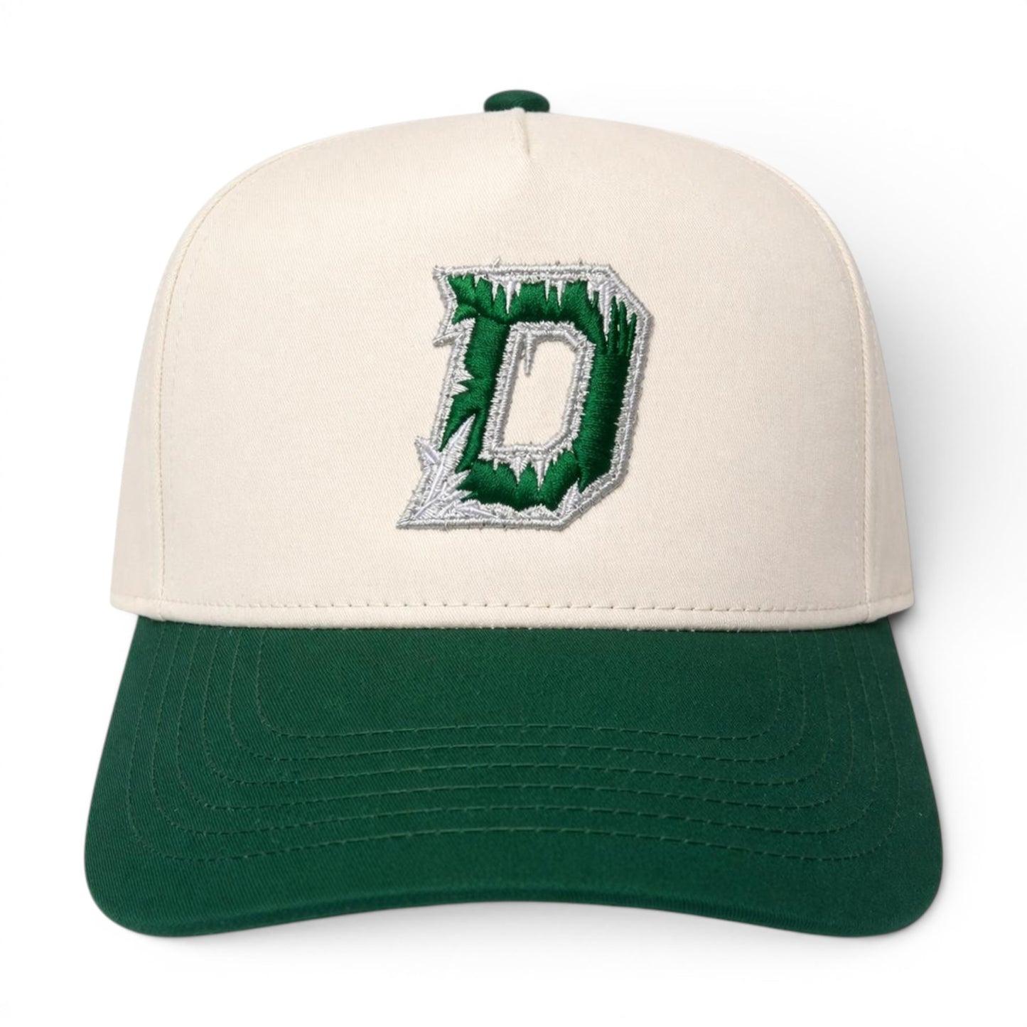 Dallas Ice Storm Hat — Tan crown with dark green brim, frosted icy D embroidery, Dallas Stars colorway