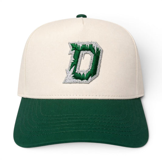 Dallas Ice Storm Hat — Tan crown with dark green brim, frosted icy D embroidery, Dallas Stars colorway