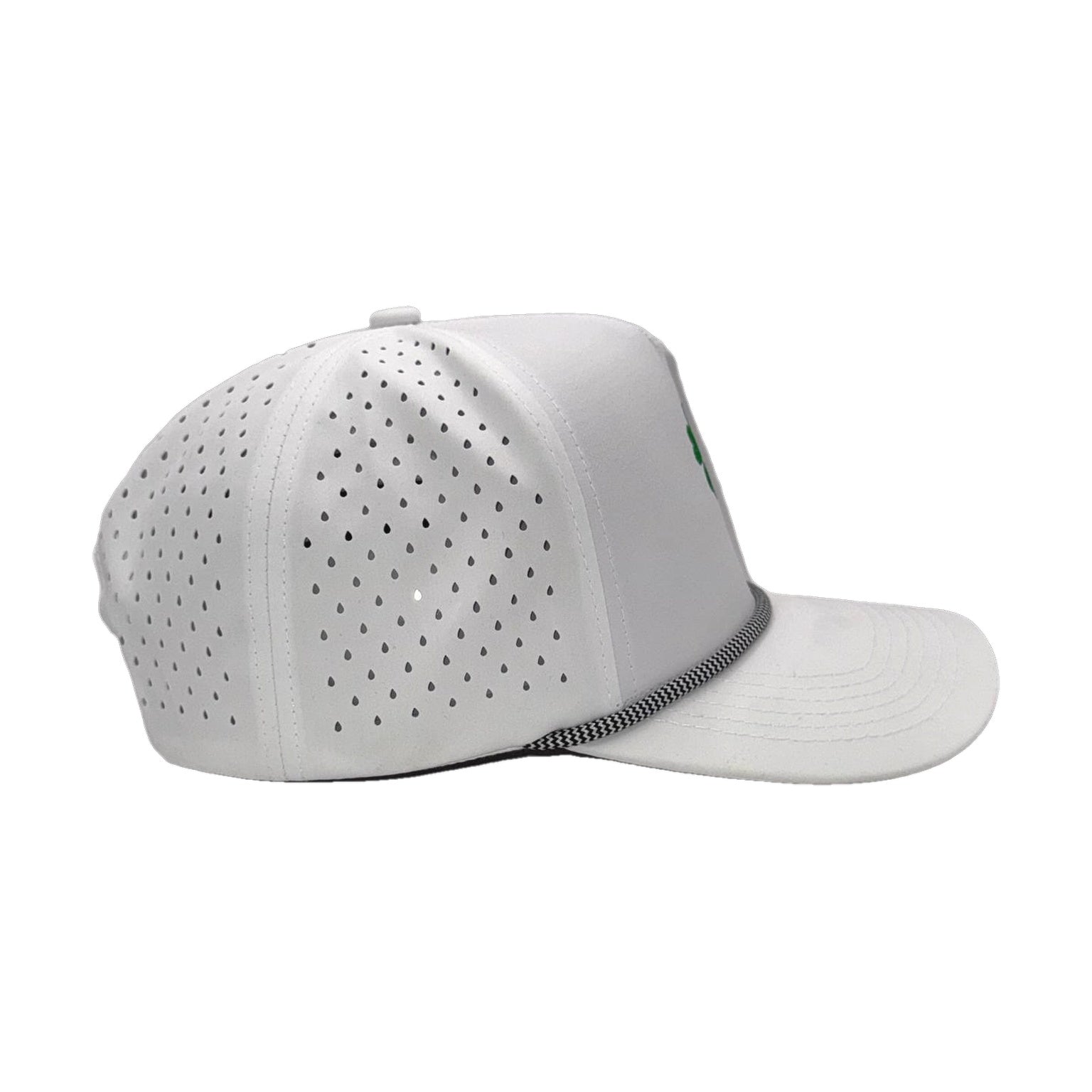 The 5 Leaf Clover Hat back view – perforated panels and snapback closure, white adjustable rope hat by Mad Capper