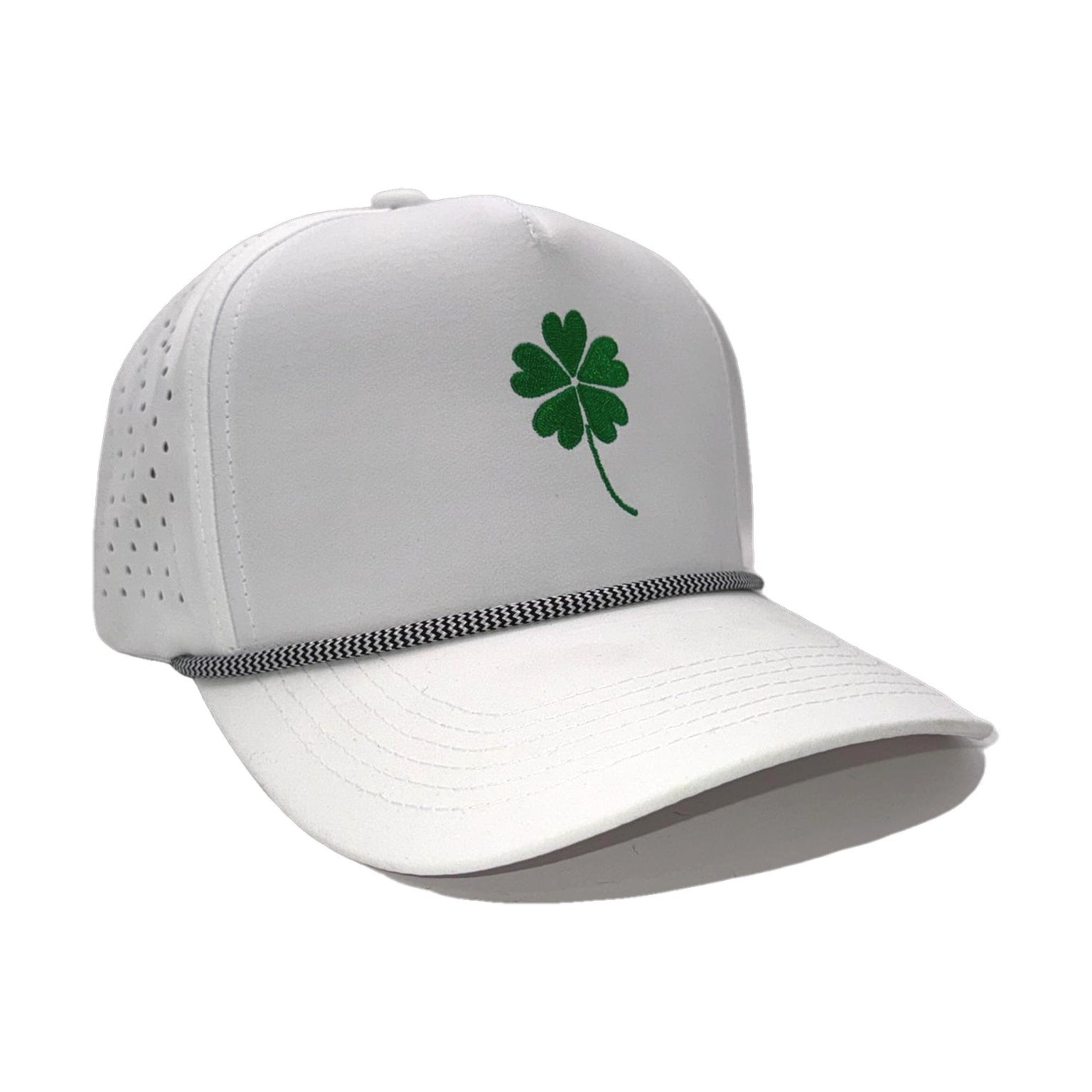 The 5 Leaf Clover Hat angled right – white structured 5-panel rope cap with green clover embroidery, St Patricks Day hat