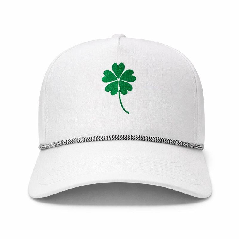The 5 Leaf Clover Hat front view – white embroidered performance rope snapback with green 5-leaf clover, Mad Capper