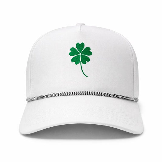 The 5 Leaf Clover Hat front view – white embroidered performance rope snapback with green 5-leaf clover, Mad Capper