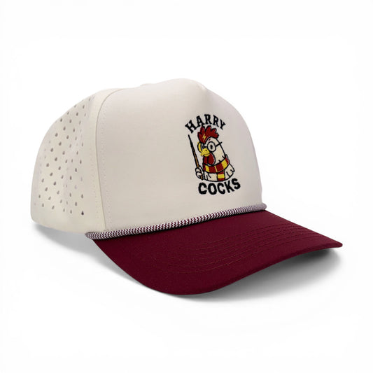 Harry Cocks Tan & Maroon Trucker Rope Cap – angled right view – Mad Capper embroidered hat