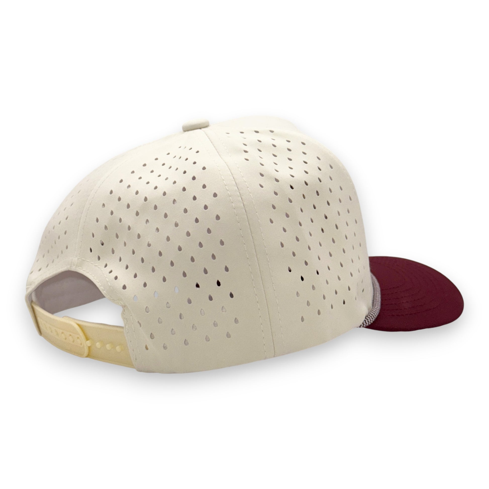   Tan LaRooster Specs rope hat - side angle displaying snapback closure and rope construction
