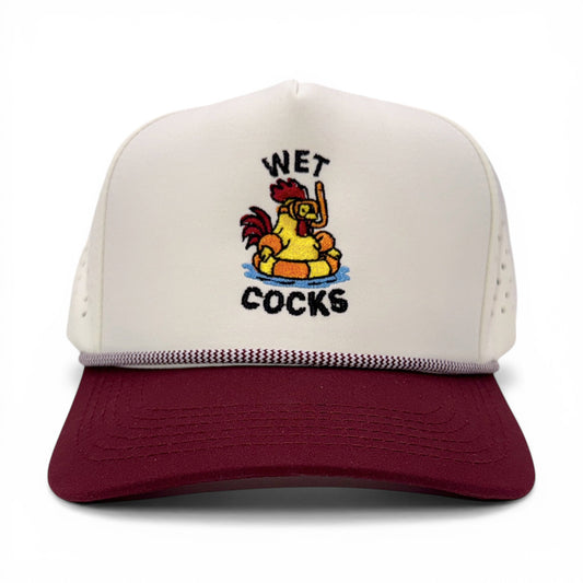Wet Cocks Tan & Maroon Trucker Rope Cap – front view – Mad Capper embroidered hat