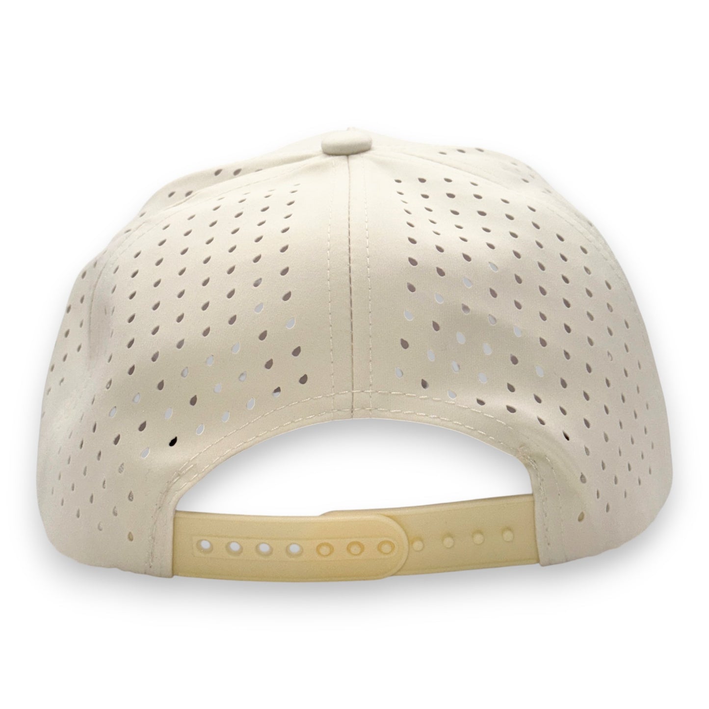   LaRooster Specs tan rope cap rear view - showing adjustable snapback strap and perforated material