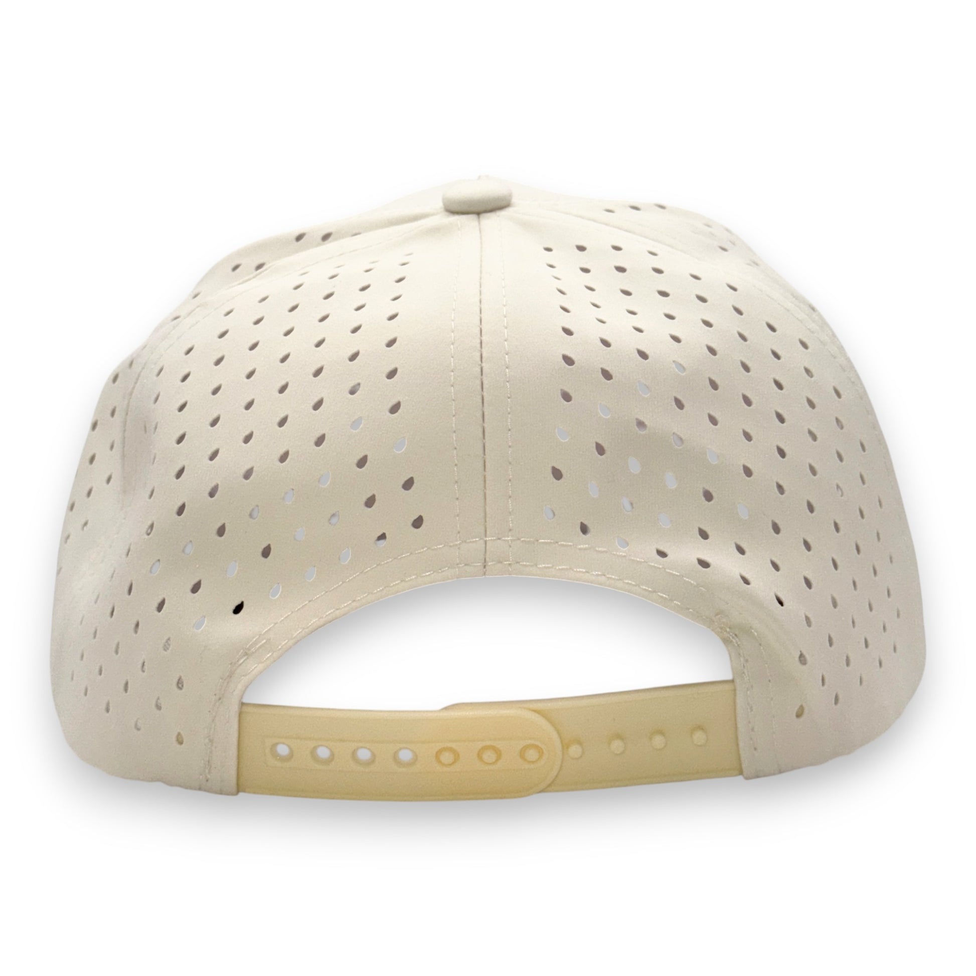   LaRooster Specs tan rope cap rear view - showing adjustable snapback strap and perforated material