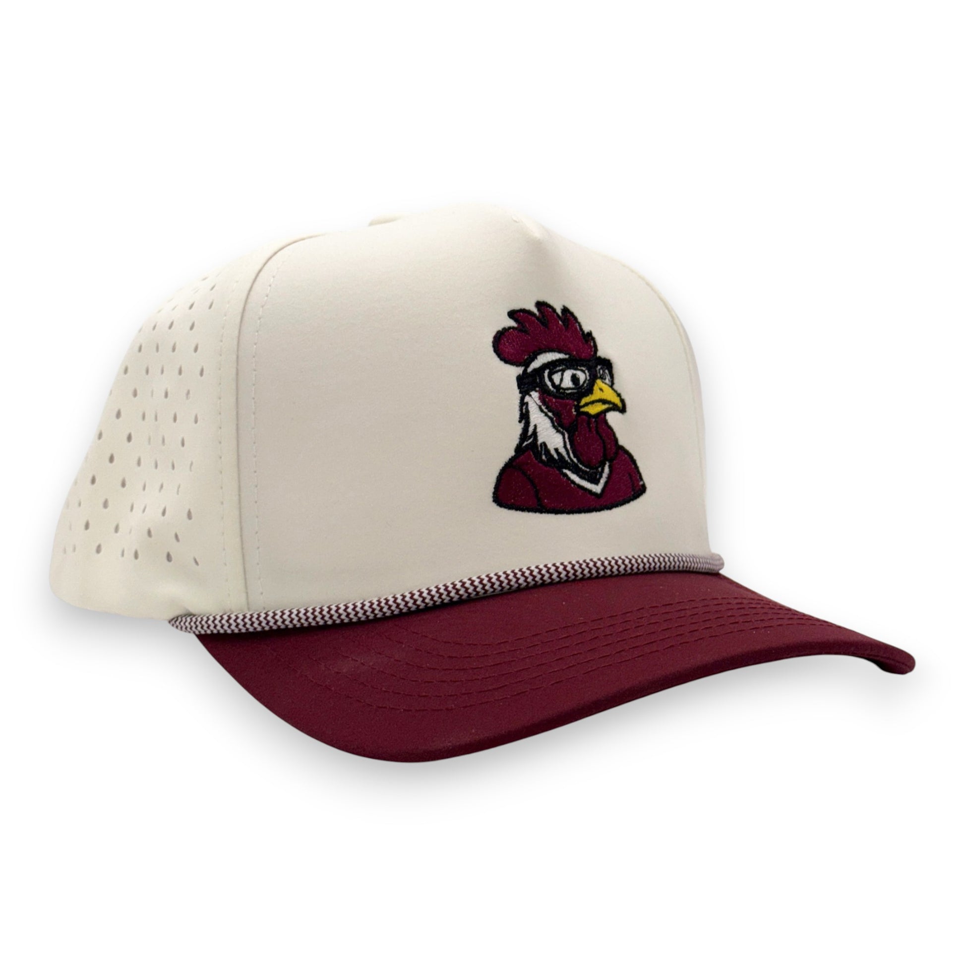 South Carolina LaRooster rope hat tan with maroon bill - angled view showing rooster specs design
