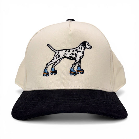 Tall Dalmation on Skates Tan & Black Baseball Cap – front view – Mad Capper embroidered hat