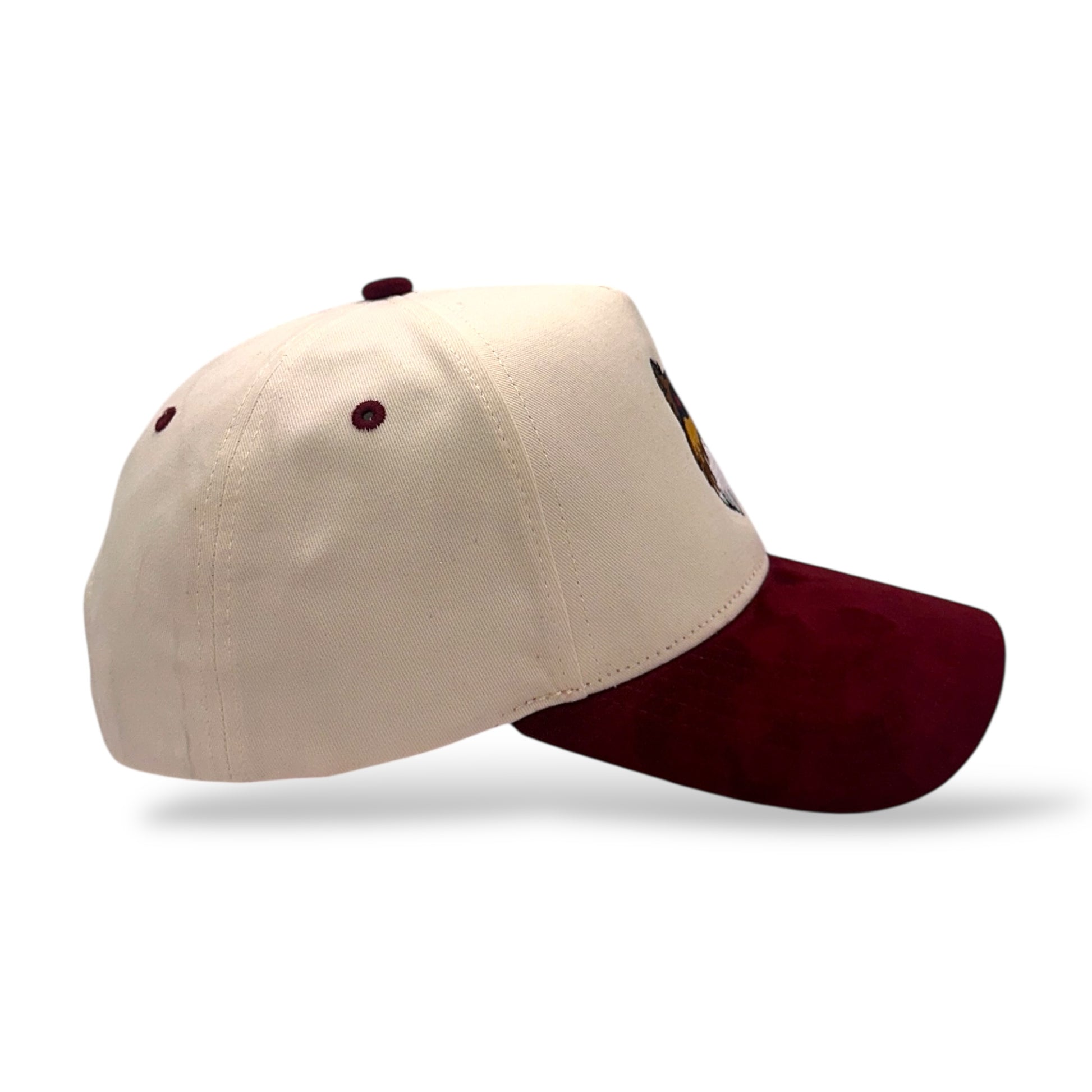 TouchHound Hat Tan and Red/Maroon Suede Bill - Side profile view showing tan cap and suede Red Bill.